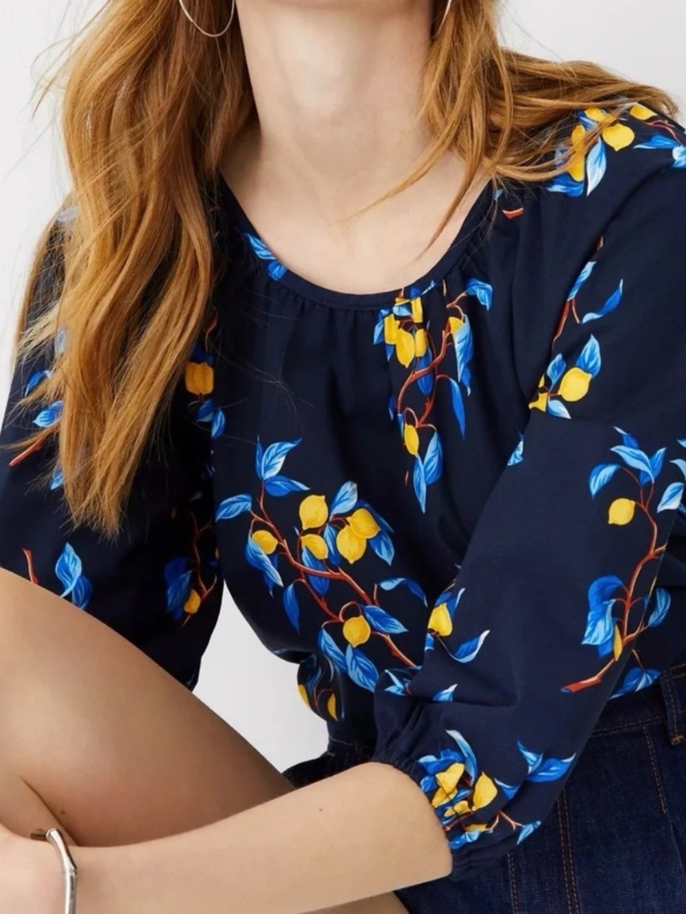 Ann Taylor Navy Floral Blouse with Yellow and Blue Print